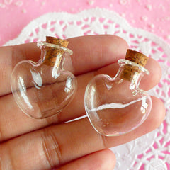 CLEARANCE Heart Glass Jar / Glass Mini Bottle with Cork (26mm x 23mm / 2 pcs) Small Vial Tiny Vile Bottle Charm Making Terrarium Pendant DIY MC15