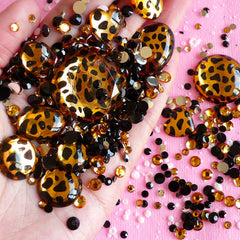 Leopard Print Rhinestones Mix (3mm, 5mm, 12mm to 29mm) Black, Yellow, Leopard Round and Other Shaped Acrylic Rhinestones Set (600pcs) RHM015