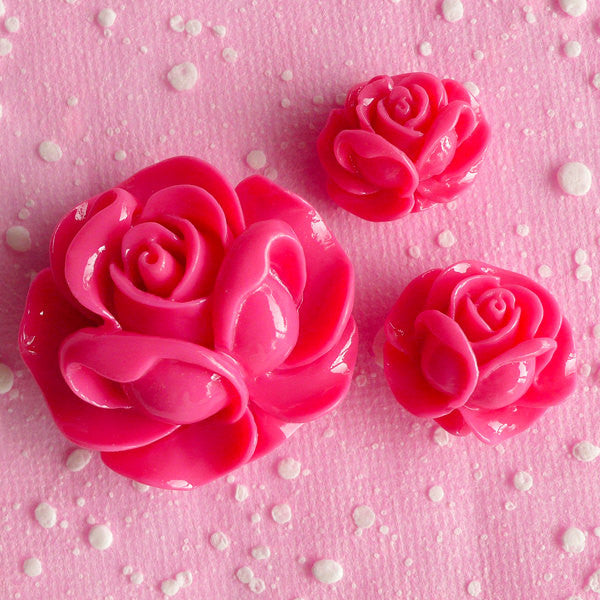 CLEARANCE Rose Flower Cabochon Assorted Resin Floral Cabochon Mix (3pcs / 19mm, 21mm & 31mm / Dark Pink / Flatback) Decoden Flower Scrapbooking CAB068
