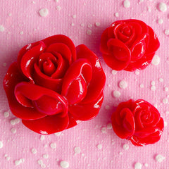 Red Rose Cabochon Assorted Floral Decoden Cabochon Set (3pcs / 19mm, 21mm & 31mm / Flat Back) Flower Embellishment Jewellery Making CAB069