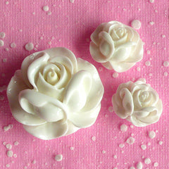 Resin Flower Rose Cabochon Assortment Mix (3pcs / 19mm, 21mm & 31mm / White / Flatback) Floral Embellishment Wedding Flower Decor CAB071