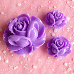 CLEARANCE Flower Rose Cabochon Assortment Set (3pcs / 19mm, 21mm & 31mm / Purple / Flat Back) Cellphone Deco Lavender Rose Valentines Day Decor CAB072