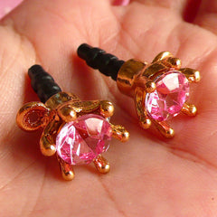 CLEARANCE Kawaii Dust Plug / Ear Phone Jack / Earphone Plug / Cell Phone Charm Dust Plug with Rhinestone & Crown (w/ Hole / 2pcs / Pink, Gold) EJ09