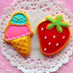 CLEARANCE Sugar Cookie Cabochon Ice Cream Cabochon Strawberry Cabochon (2pcs / 45mm & 49mm / Flatback) Kawaii Phone Case Decoden Embellishment FCAB033