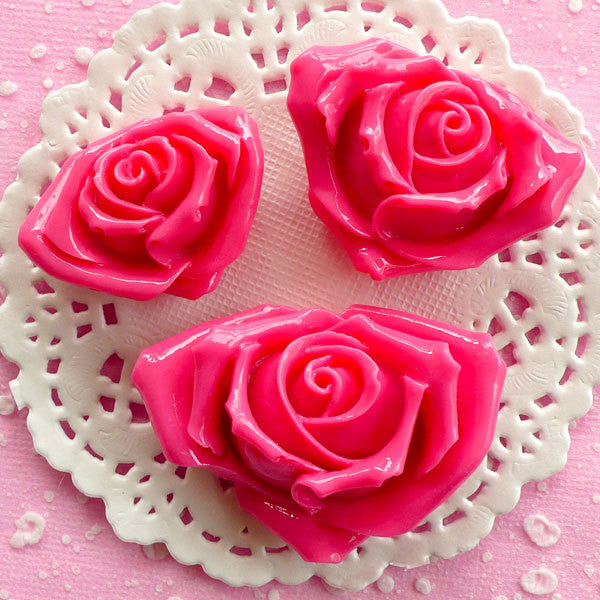 Rose Cabochon Assortment / Flower Resin Cabochon Mix (3pcs / 35mm, 40mm & 49mm / Dark Pink / Flat Back) Floral Decoden Valentines Day CAB074