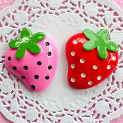 Decoden Strawberry Cabochons Fruit Applique (2pcs / Pink & Red / 39mm x 47mm / Flat Back) Kawaii Supplies Scrapbooking Embellishment FCAB044