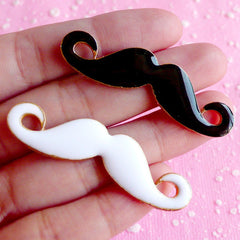 Mustache Cabochon / Moustache Alloy Metal Cabochon (2pcs / 48mm x 13mm / Black & White) Kawaii Jewelry Charm Kitschy Embellishment CAB087
