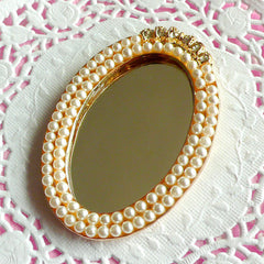Pearl Mirror Cabochon w/ Rhinestones (Oval / 43mm x 63mm) Sweet Lolita Kawaii Decoden Deluxe Dollhouse Decoration Bling Bling Deco CAB099