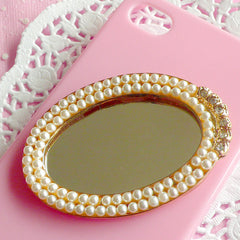 Pearl Mirror Cabochon w/ Rhinestones (Oval / 43mm x 63mm) Sweet Lolita Kawaii Decoden Deluxe Dollhouse Decoration Bling Bling Deco CAB099