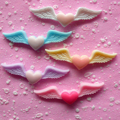 Angel Wings with Heart Cabochon Mix / Winged Heart Cabochon (5pcs / 54mm x 15mm / Assorted Pastel Color / Flat Back) Kawaii Decoden CAB079