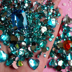 DEFECT AQUA BLUE Rhinestones Mix (2mm 3mm 4mm 5mm 6mm 10mm) Round and Heart Faceted Rhinestones Cabochons Mix (Over 1000 pcs) RHM012