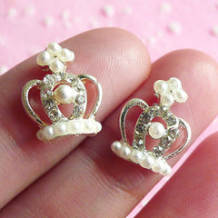 Tiny Crown Cabochon Set (2pcs) (Silver w/ White Pearl) Fake Miniature Cupcake Topper Earring Making Nail Art Decoration Scrapbooking NAC034