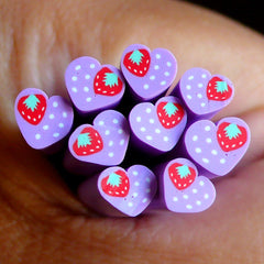 Purple Heart w/ Strawberry Polymer Clay Cane Love Fimo  Fake Miniature Cupcake Topper Nail Art Nail Deco Scrapbooking Earrings Making CH12