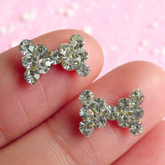 Tiny Bow Bowtie Cabochon Set (2pcs) (Clear Rhinestones) Fake Miniature Cupcake Topper Earring Making Nail Art Decoration Scrapbooking NAC019