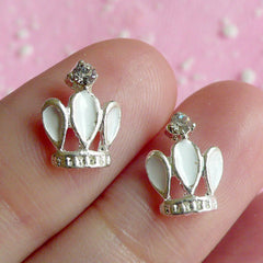 Tiny Crown Cabochon Set (2pcs) (Silver, White w/ Clear Rhinestones) Fake Miniature Cupcake Topper Earring Making Nail Art Decoration NAC023