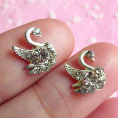 Tiny Swan Cabochon Set (2pcs) (Silver w/ Clear Rhinestones) Fake Miniature Cupcake Topper Earring Making Nail Art Deco Scrapbooking NAC024