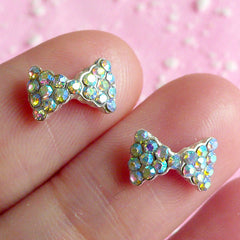 CLEARANCE Tiny Bow Bowtie Cabochon Set (2pcs) (Silver w/ AB Clear Rhinestones) Fake Miniature Cupcake Topper Earring Making Nail Art Decoration NAC017