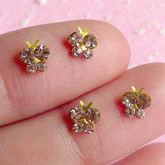 Tiny Butterfly Cabochon Set (4pcs) (Gold with Brown Rhinestones) Fake Miniature Cupcake Topper Jewelry Nail Art Nail Decoration NAC025