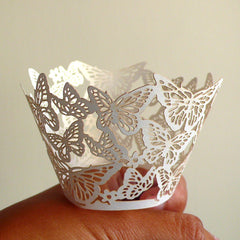 Cupcake Wrappers - White Butterfly - Laser Cut White Cupcake Wrapper - Cake Deco / Cupcake Decoration / Packaging (6pcs) CUP03