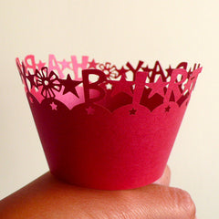 CLEARANCE Cupcake Wrappers - Red Happy Birthday - Laser Cut Red Cupcake Wrapper - Cake Deco / Cupcake Decoration / Packaging (6pcs) CUP08