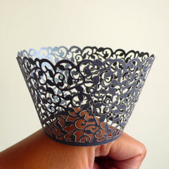 CLEARANCE Cupcake Wrappers - Gray / Grey Lace - Laser Cut Green Cupcake Wrapper - Cake Deco / Cupcake Decoration / Packaging (6pcs) CUP29