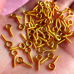 Screw Eye Hook / Screw Eye Bail / Screw Eye Pin / Screw Hook Bails (5mm x 11mm / 50pcs / Gold) Jewelry Findings Charm Making F003