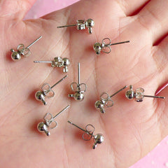 Dangle Earring Post Studs / Dangling Ear Post / Stud Earrings / Ear Studs w/ 4mm Ball (Silver / 10sets / 5 Pairs with Ear Nuts / Backs) F010