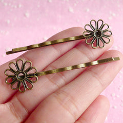 Flower Hair Clip Blanks / Filigree Hairclip / Filigree Hairpins / Flower Hair Pin with 16mm Pad (10pcs / Bronze) Hair Accessories F013