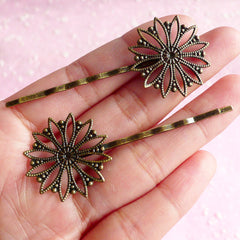 Hair Clip Blank / Blank Hairclips / Hair Pin Barrette Blanks / Hairpin with 26mm Flower / Filigree Pad (10pcs / Bronze) Hair Accessory F016