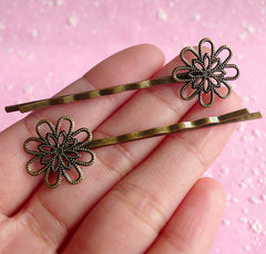 Hairclip Blanks / Hair Pin Barrette / Blank Hair Clips / Filigree Hairpins with 18mm Flower Pad (10pcs / Bronze) Hair Accessories F014