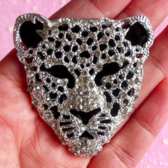 Rhinestones Leopard Cheetah Tiger Cabochon Jaguar Big Cat Animal Metal Cabochon (Silver / 50mm x 51mm) Bling Bling Phone Decoration CAB006