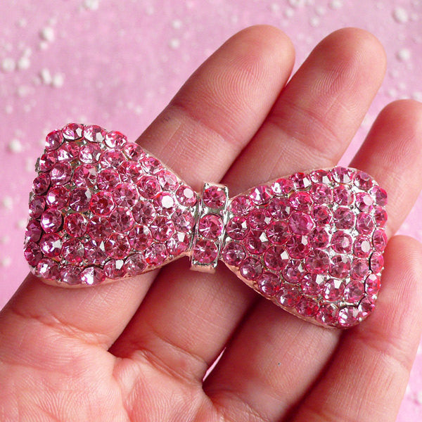Metal Bow Tie Cabochon / Rhinestone Bow Cabochon (26mm x 57mm / Pink) Decoden Phone Case Kawaii Deco Bling Bling Shoe Clip Making CAB008
