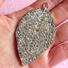 Leaf Metal Cabochon Rhinestone Leaf Cabochon Large Leaf Charm (37mm x 66mm / Silver) Bling Bling Cell Phone Deco DIY Floral Jewelry CAB011