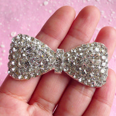 Big Bow Metal Cabochon w/ Clear Rhinestones (26mm x 57mm / Silver) Bowtie Cell Phone Deco Bling Decoden Supplies Kawaii Decoration CAB007