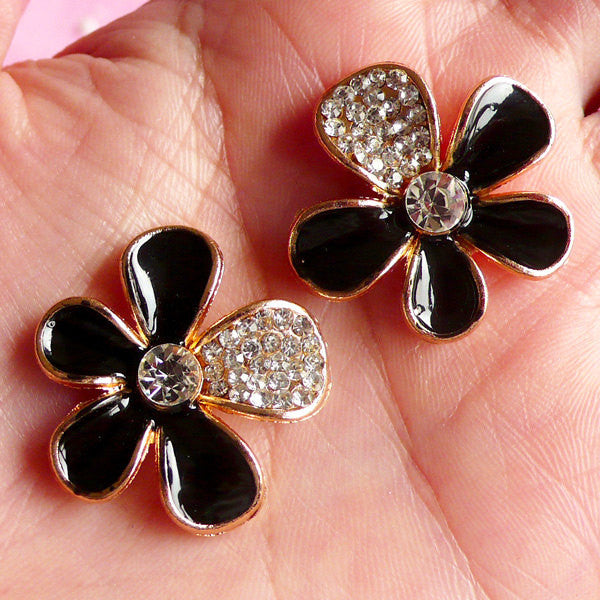 Black Flower Metal Cabochon with Rhinestones (2pcs / 26mm / Gold & Black Enamel) Floral Decoden Bling Bling Cell Phone Deco Scrapbook CAB015