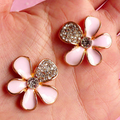 Rhinestone Flower Cabochons / Floral Metal Cabochon (2pcs / 26mm / Gold & Pink Enamel) Decoden Supplies Bling Bling Embellishment CAB014