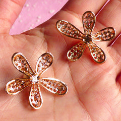 Flower Rhinestone Cabochon with Pearl / Floral Metal Applique (2pcs / 27mm x 32mm / Gold) Bling Bling Embellishment Wedding Jewelry CAB017