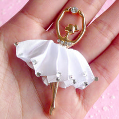 CLEARANCE Ballerina Applique Rhinestone Ballet Dancer with Fabric Tutu Metal Cabochon Pendant (White / 38mm x 58mm) Cell Phone Decoden Supplies CAB019