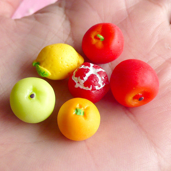 Miniature Fruit Cabochon Mix / Mini Lemon Apple Pomelo Orange (6pcs) Kawaii Dollhouse Food Novelty Whimsy Cute Terrarium Jewelry FCAB005