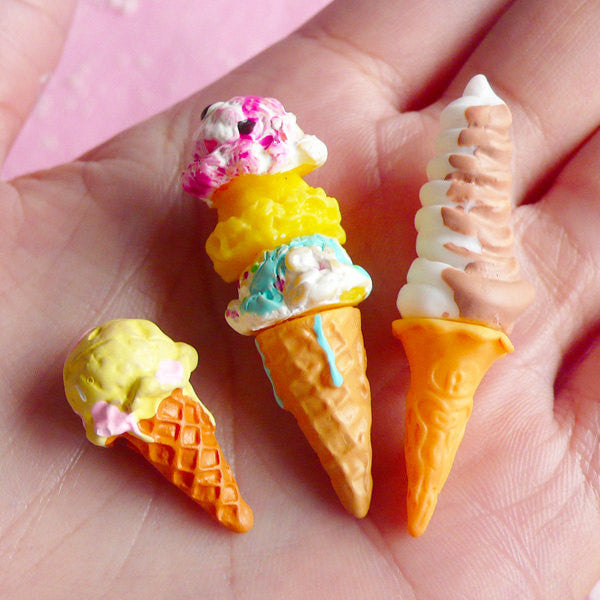 Kawaii Cabochon Miniature Ice Cream (3D / Colorful / 23mm-44mm / 3pcs) Fake Sweets Deco Dollhouse Food Cabochon Decoden Phone Case FCAB004