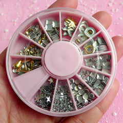 Tiny Rivet Shape Cabochon Wheel (Silver, Gold / Square Star Round Teardrop) Fake Mini Cupcake Topper Nail Art Decoration Scrapbook NAC035