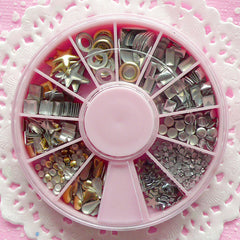 Tiny Rivet Shape Cabochon Wheel (Silver, Gold / Square Star Round Teardrop) Fake Mini Cupcake Topper Nail Art Decoration Scrapbook NAC035