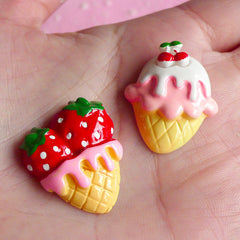 Kawaii Strawberry Ice Cream Cabochons (2pcs / 22mm x 26mm / Flat Back) Miniature Sweets Deco Embellishment Japan Decoden Supplies FCAB024