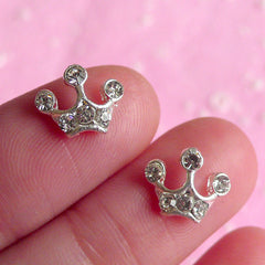 Tiny Crown Cabochon Set (2pcs) (Silver w/ Clear Rhinestones) Fake Miniature Cupcake Topper Earring Making Nail Art Decoration NAC008