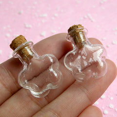 Miniature Glass Bottles w/ Corks in FLOWER Shape (23mm x 20mm / 2 pcs) Vials Vile Jar Whimsical Pendant Making Terrarium Charm DIY MC25
