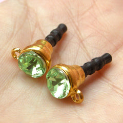 CLEARANCE Dust Plug Charm DIY / Ear Phone Plug Decoden / Earphone Jack Deco / Cellphone Dust Plug with Rhinestone (w/ Hole / 2pcs / Green, Gold) EJ22