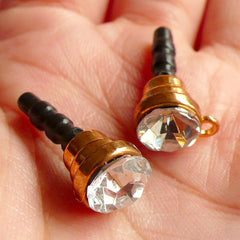 CLEARANCE Ear Phone Plug / Ear Phone Jack Dust Plug / Cell Phone Dust Plug / Smartphone Charm Plug with Rhinestone (w/ Hole / 2pcs / Clear, Gold)EJ13
