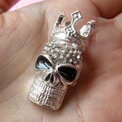 Alloy Metal Skull Cabochon with King Crown (17mm x 37mm / Silver with Clear Rhinestones) Rock Embellishment Punk Cell Phone Deco CAB106