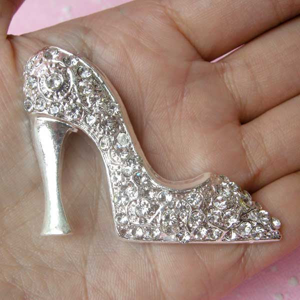 Rhinestones High Heel Metal Cabochon (Silver / 53mm x 39mm) Bling Bling Jewelry Making Decoden Cell Phone Deco Fashion Embellishment CAB114