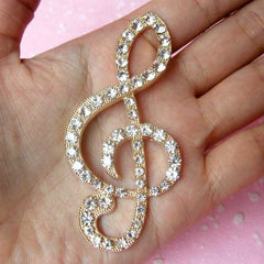 CLEARANCE G-Clef Metal Cabochon / Musical Symbol Music Note Cabochon (Gold with Clear Rhinestones / 35mm x 73mm) Bling Decor Cell Phone Deco CAB116
